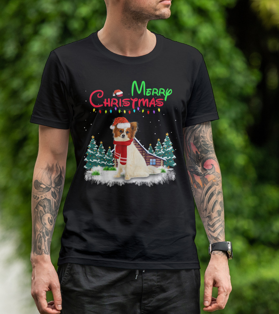 Papillon Dog With Santa Hat And Christmas Lights In Snowy Holiday Scene T-Shirt
