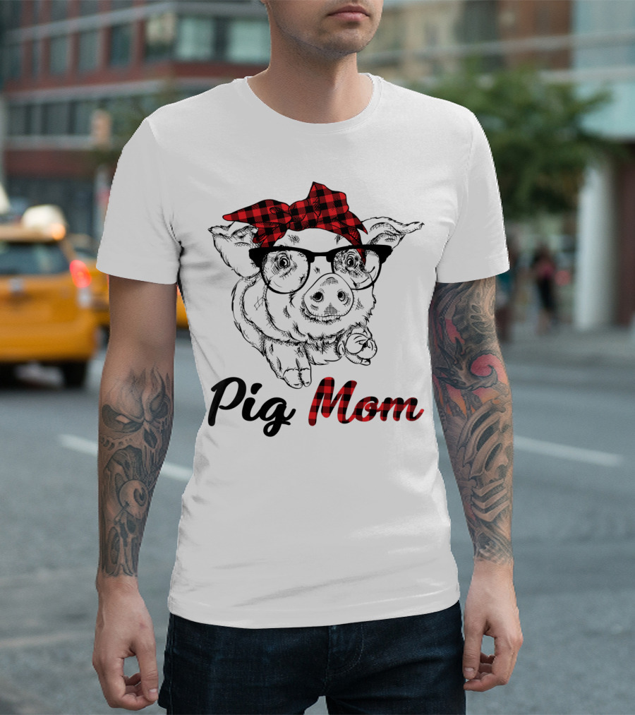 Pig Mom Piggy Outfit Mother Plaid Bow Glasses T-Shirt
