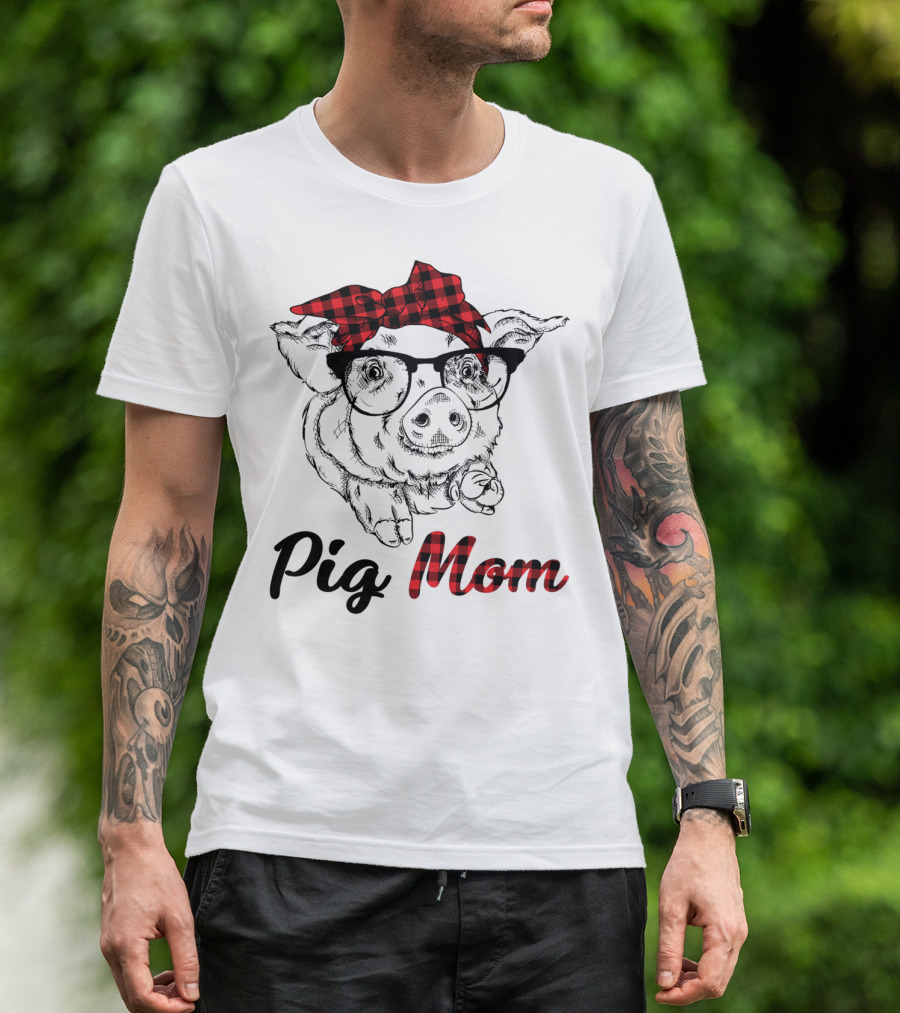 Pig Mom Piggy Outfit Mother Plaid Bow Glasses T-Shirt