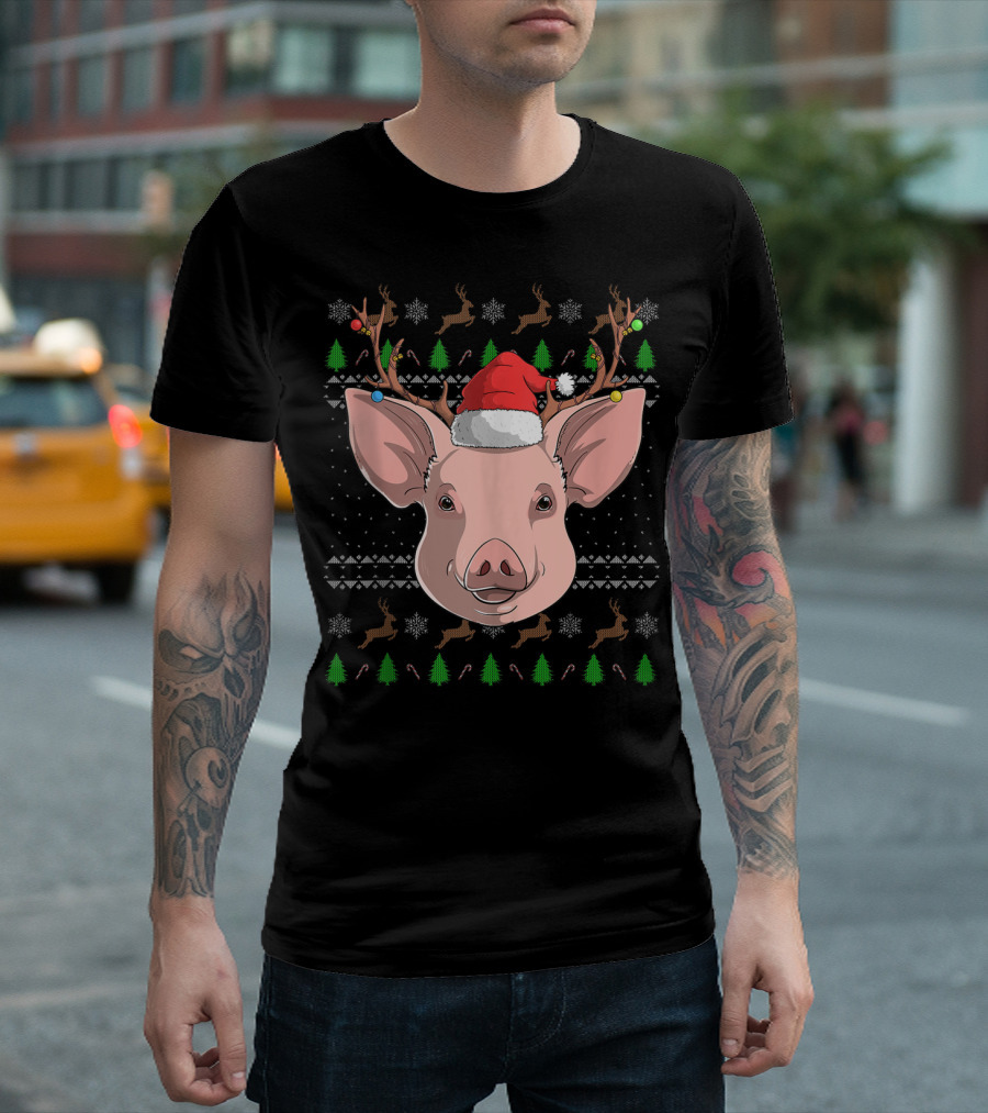 Pig Santa Claus Hat Reindeer Antlers Christmas Ornaments T-Shirt