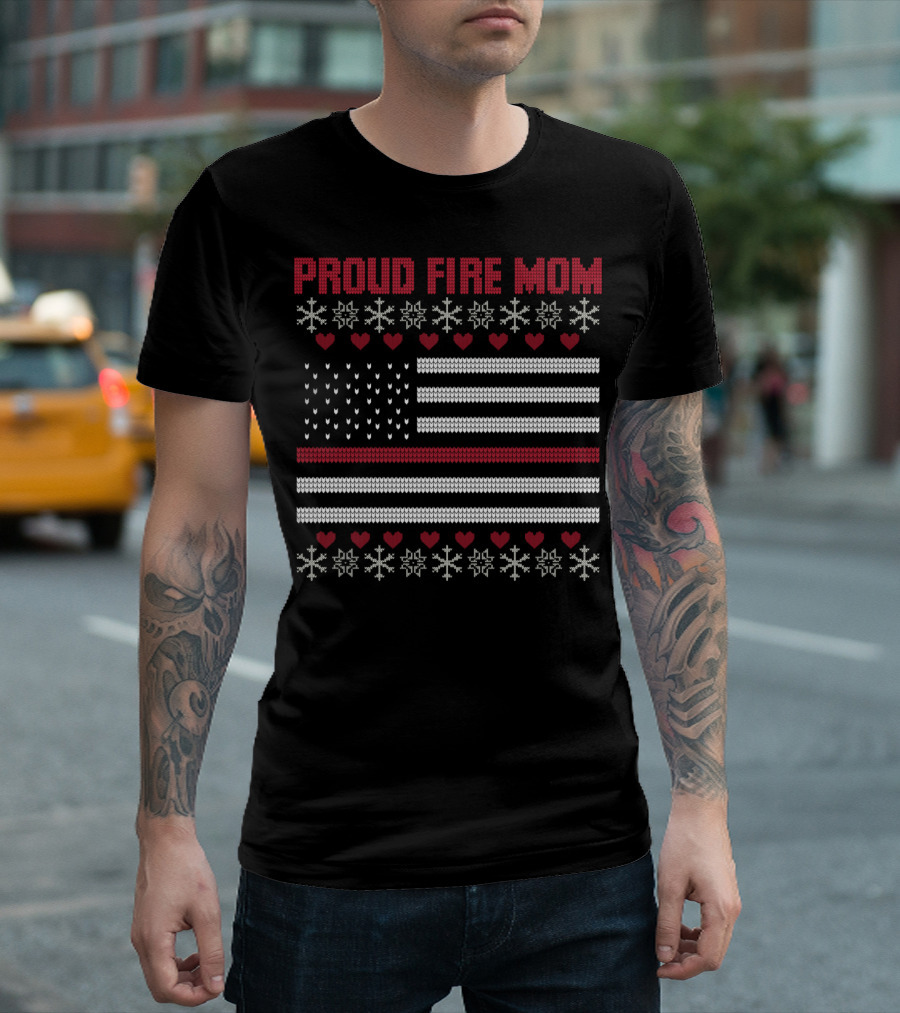 Proud Fire Mom Thin Red Line American Flag Snowflakes Hearts T-Shirt