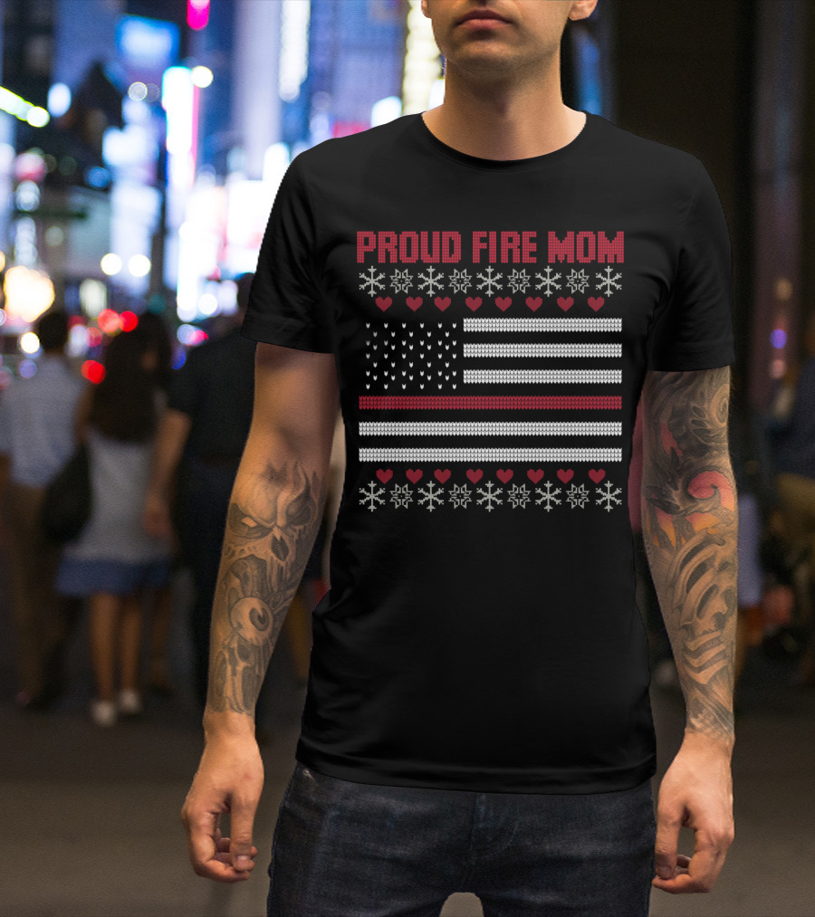 Proud Fire Mom Thin Red Line American Flag Snowflakes Hearts T-Shirt