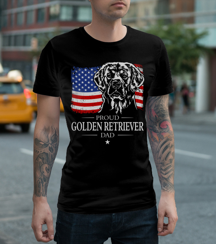 Proud Golden Retriever Dad American Flag Patriotic Canine T-Shirt