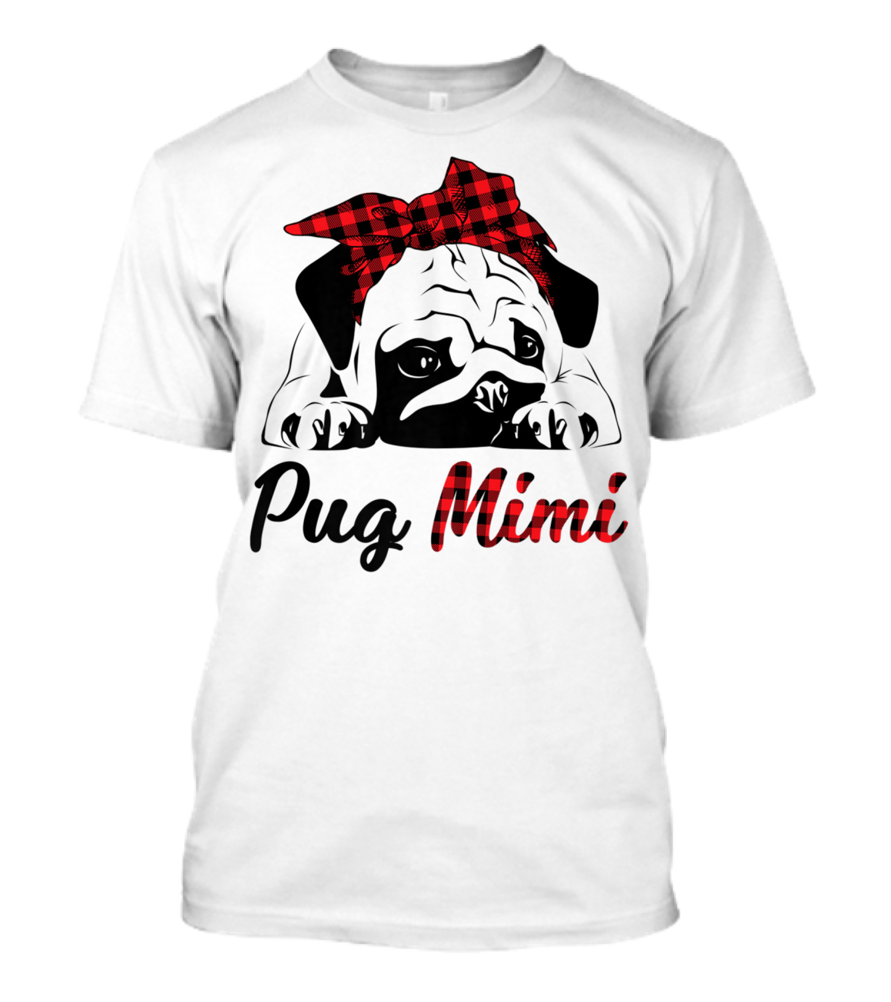 Pug Mimi Puppies Buffalo Plaid Bow T-Shirt