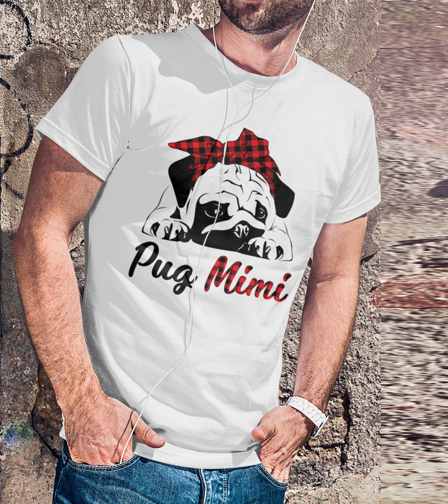 Pug Mimi Puppies Buffalo Plaid Bow T-Shirt
