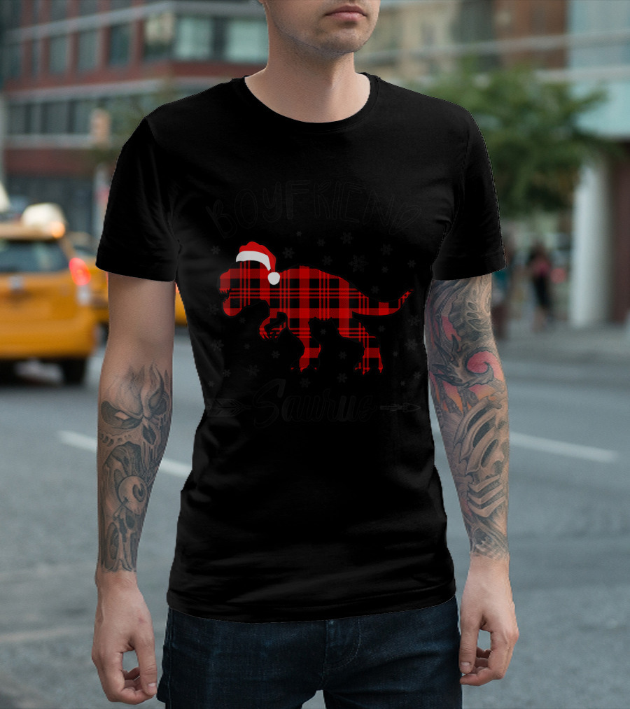 Boyfriend Saurus Red Plaid Dinosaur Christmas Hat T-Shirt