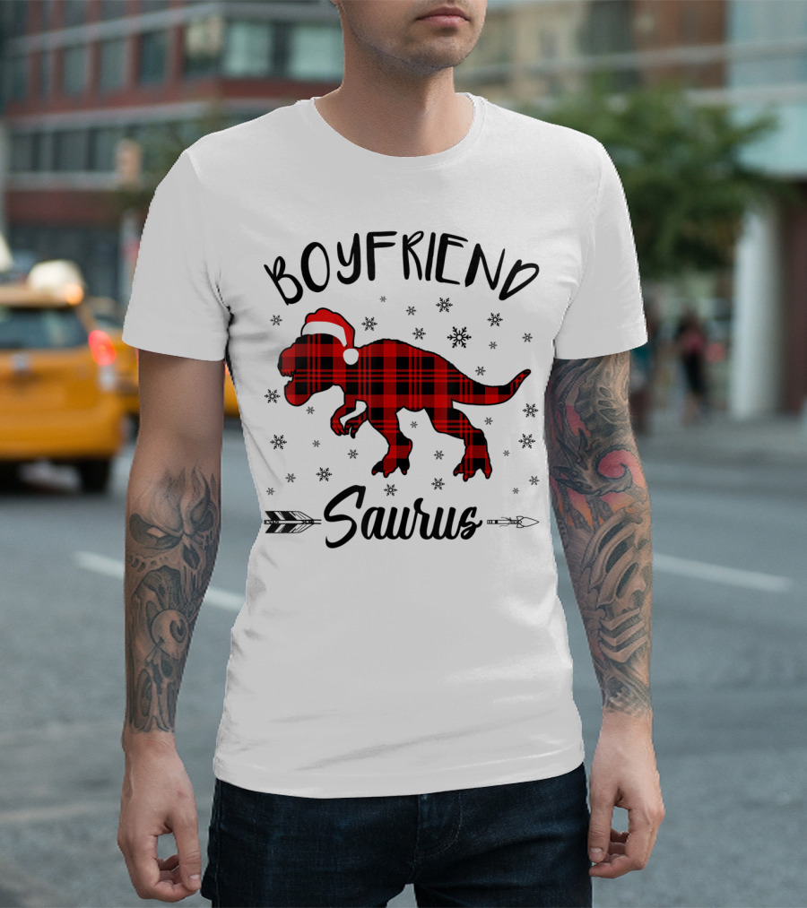 Boyfriend Saurus Red Plaid Dinosaur Christmas Hat T-Shirt