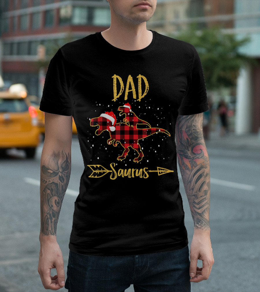Dad Saurus Red Plaid Dinosaur with Santa Hat T-Shirt