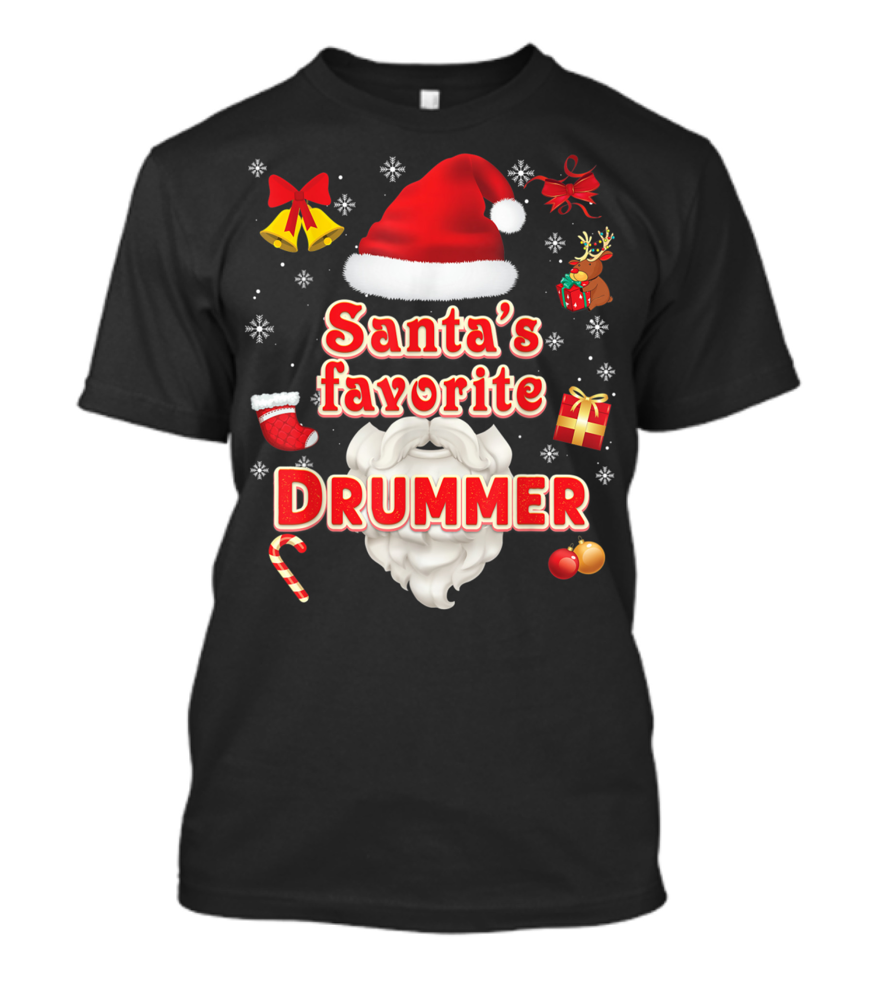 Santa's Favorite Drummer Christmas Santa Hat Reindeer Gift Bells Snowflakes Candy Cane Ornaments T-Shirt