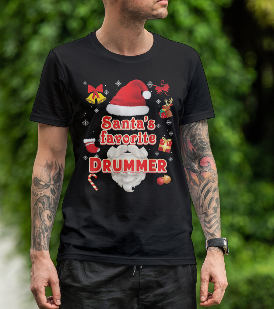 Santa's Favorite Drummer Christmas Santa Hat Reindeer Gift Bells Snowflakes Candy Cane Ornaments T-Shirt