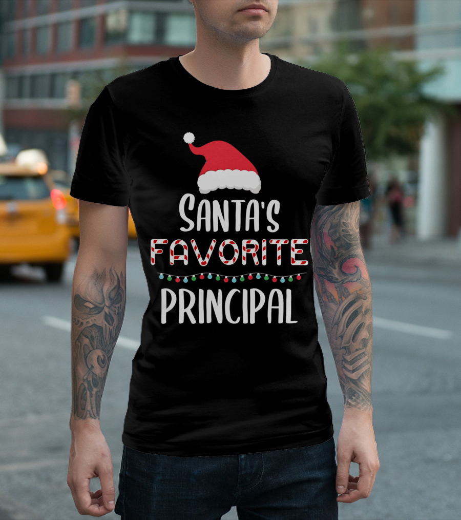 Santa's Favorite Principal Christmas Hat and Lights T-Shirt
