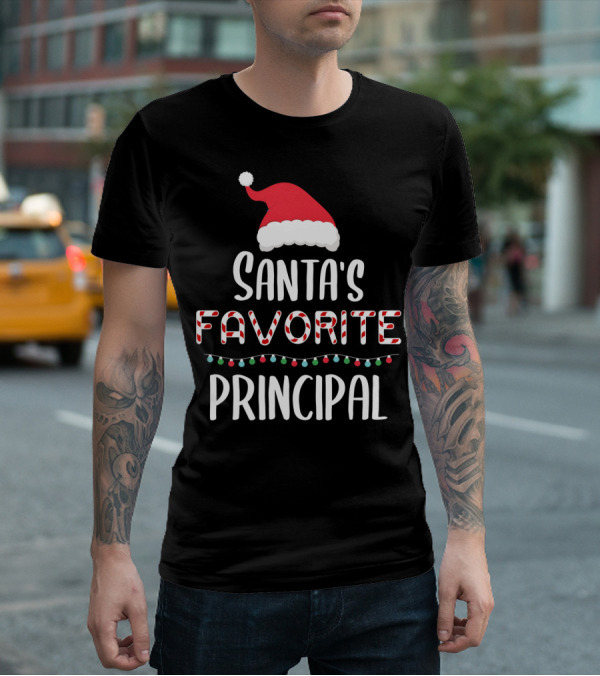 Santa's Favorite Principal Christmas Hat And Lights T-Shirt