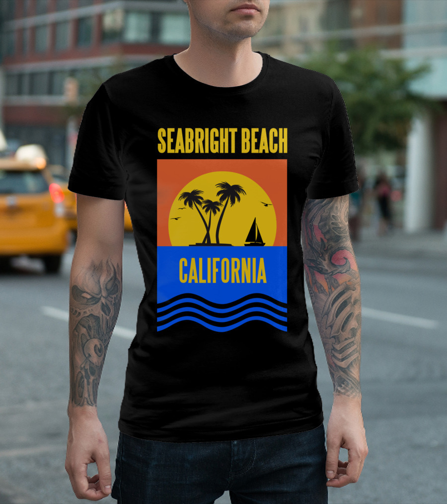 Seabright Beach California Sunset Palm Trees Sailboat Vacation T-Shirt