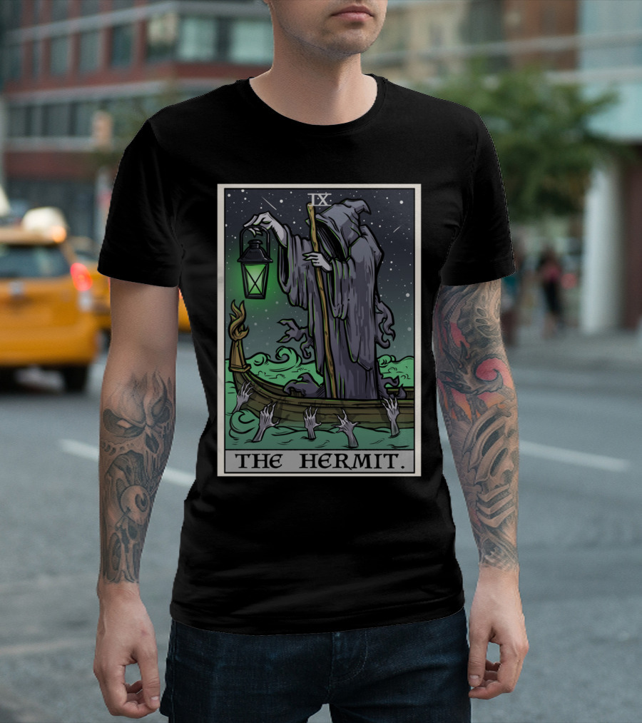 The Hermit Tarot Card IX Gothic Halloween Grim Lantern Boat T-Shirt
