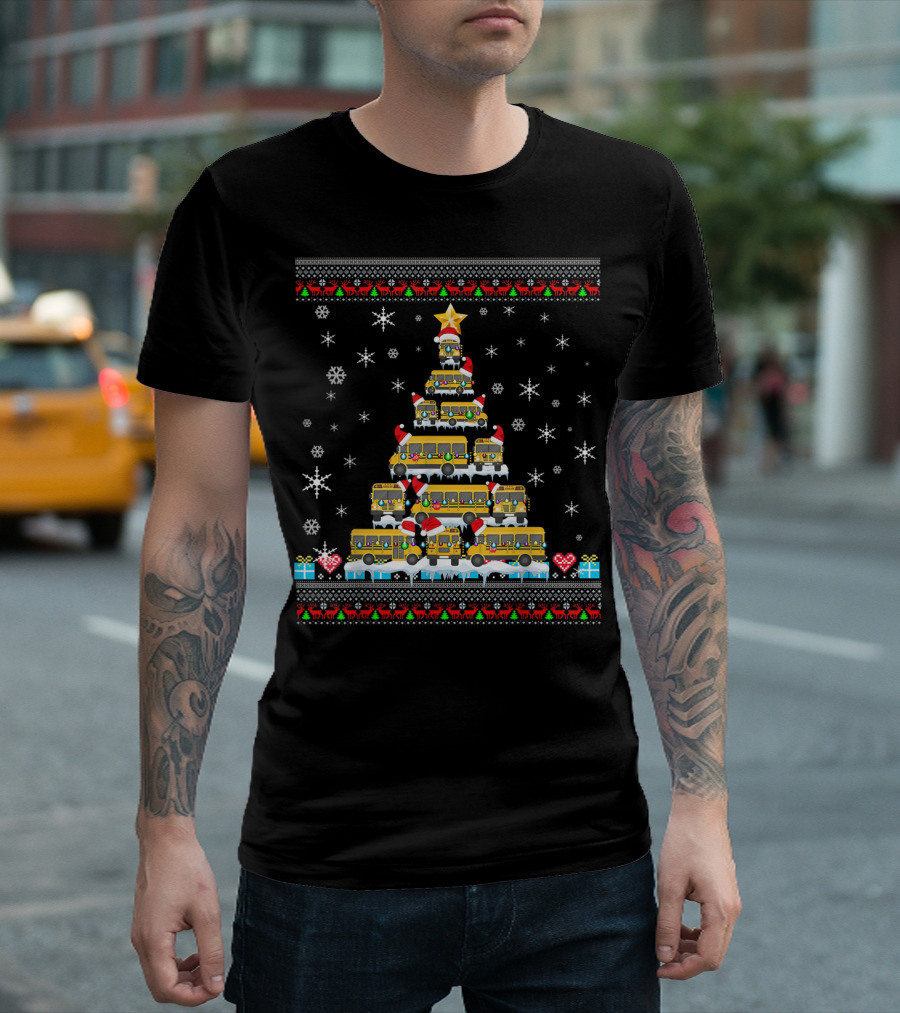 Ugly Christmas Tree Built from School Buses with Snowflakes and Holiday Decorations for Bus Driver Lovers T-Shirt