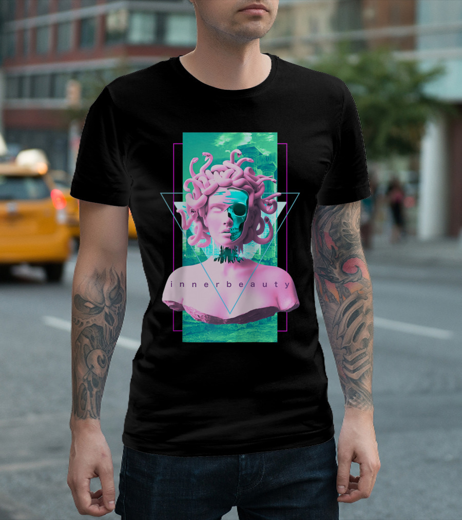 Vaporwave Inner Beauty Medusa Statue With Skull Aesthetic T-Shirt