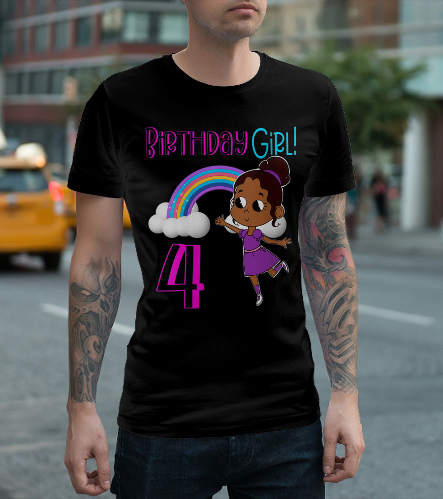 Birthday Girl 4 African American Rainbow and Girl in Purple Dress T-Shirt