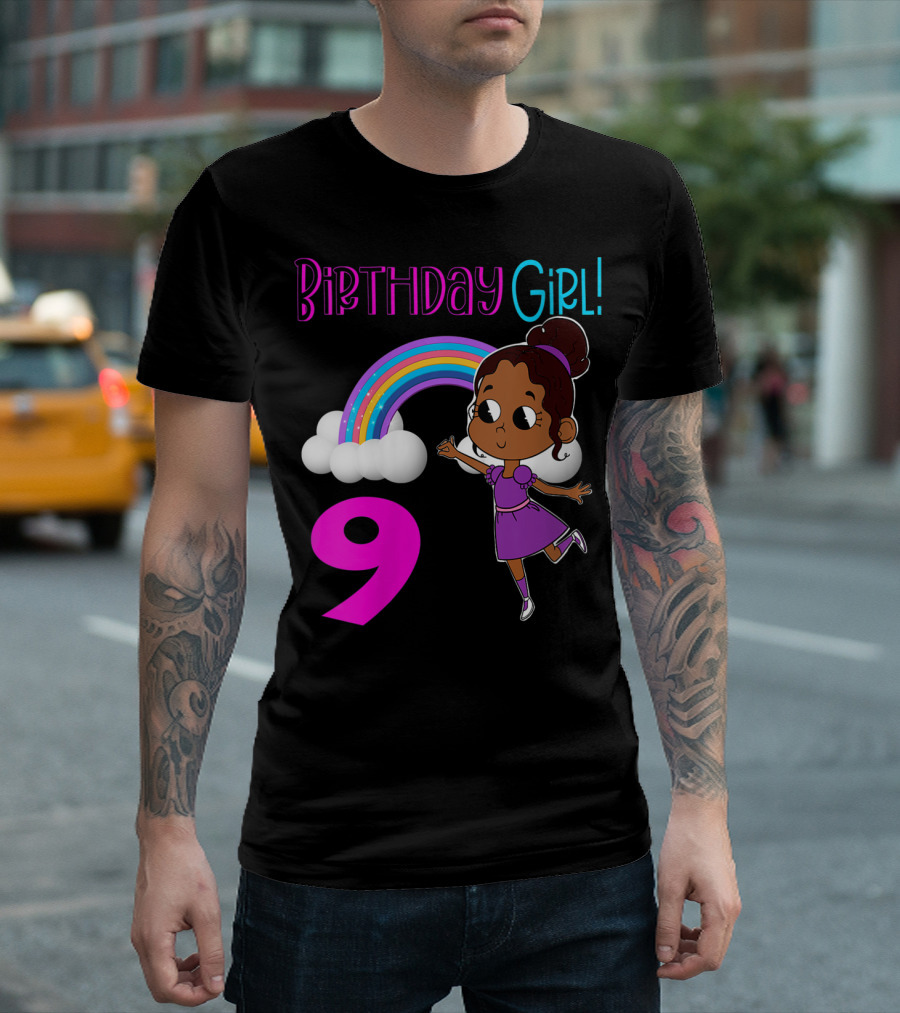Birthday Girl 9 African American Rainbow Purple Dress T-Shirt