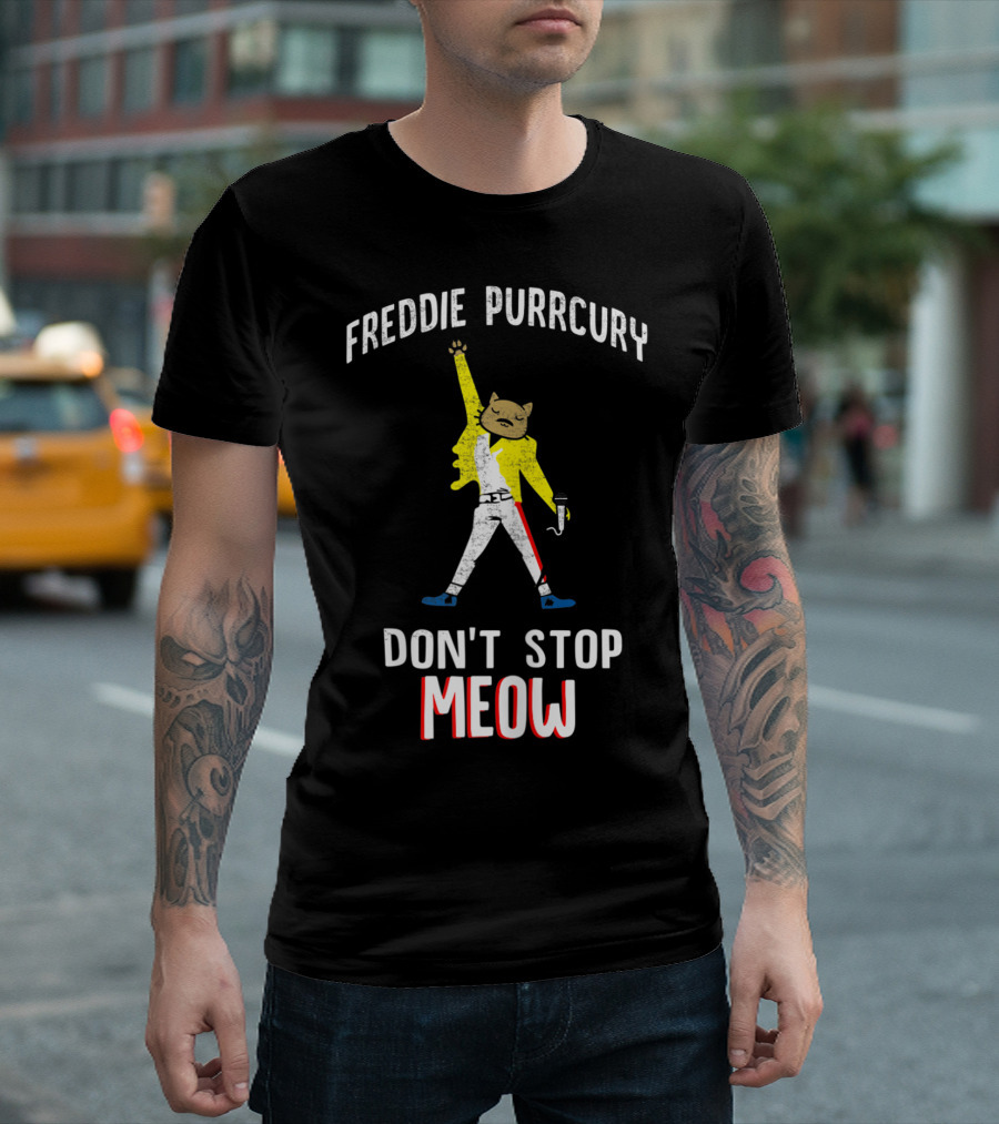 FREDDIE PURRCURY DON'T STOP MEOW CUTE CAT MUSIC BAND T-Shirt
