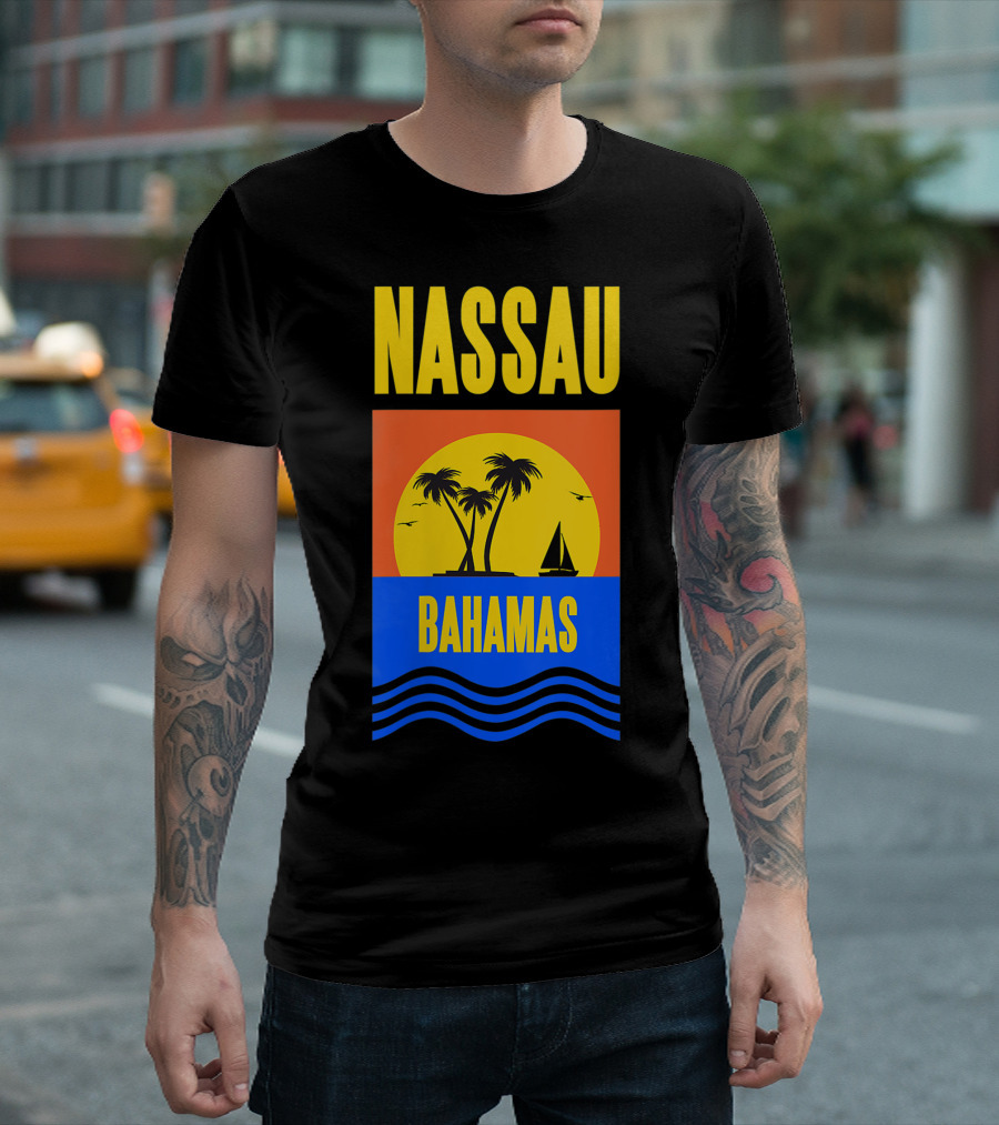 Nassau Bahamas Sunset Palm Trees and Sailboat Ocean Waves T-Shirt