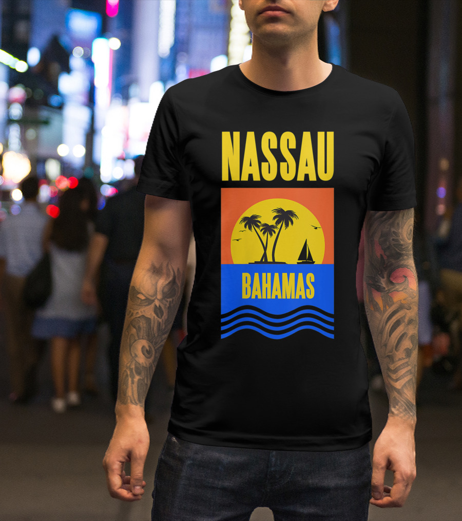 Nassau Bahamas Sunset Palm Trees And Sailboat Ocean Waves T-Shirt
