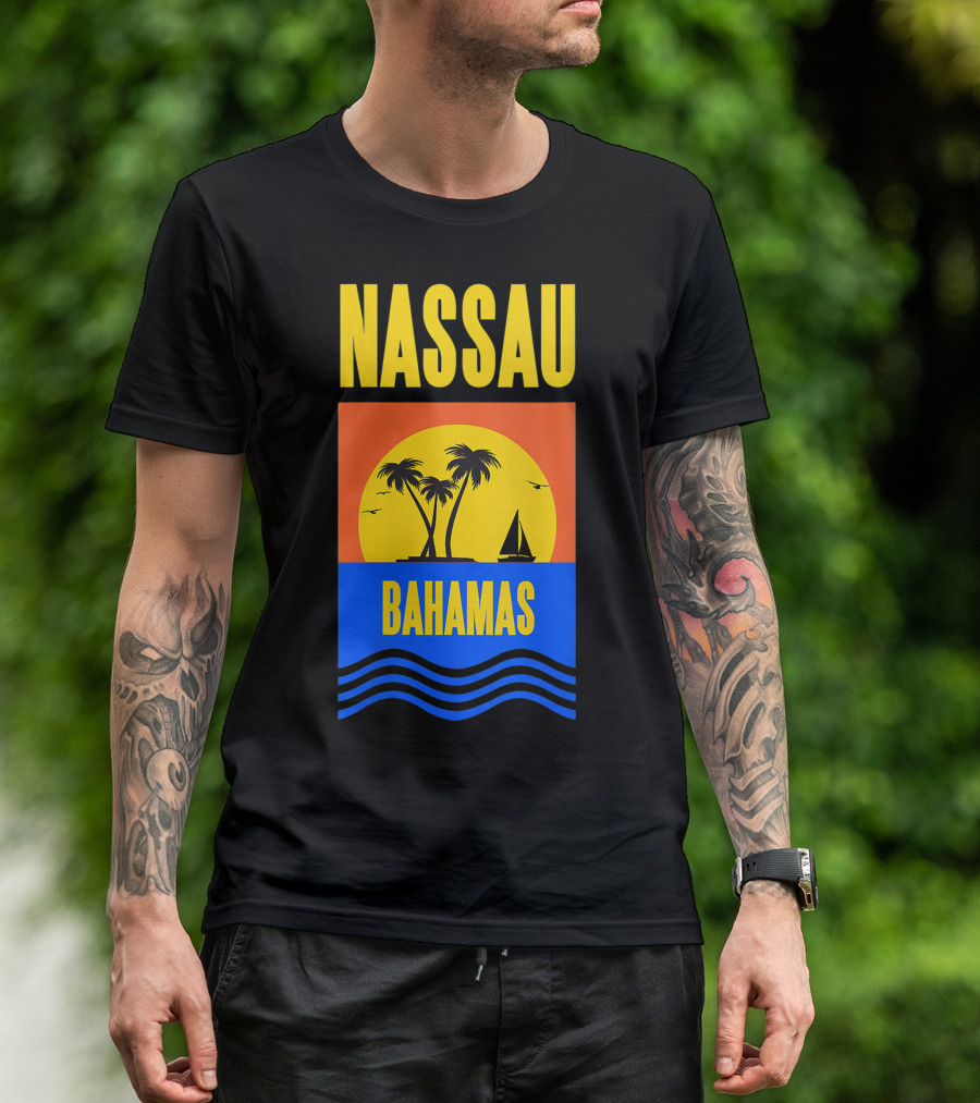 Nassau Bahamas Sunset Palm Trees And Sailboat Ocean Waves T-Shirt