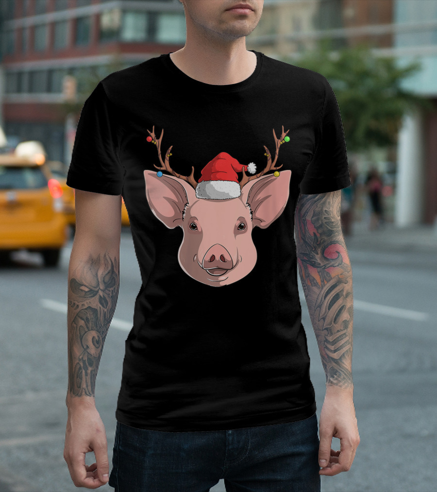 Pig With Santa Hat And Reindeer Antlers T-Shirt
