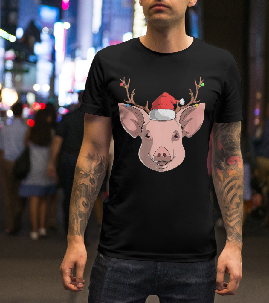 Pig With Santa Hat And Reindeer Antlers T-Shirt