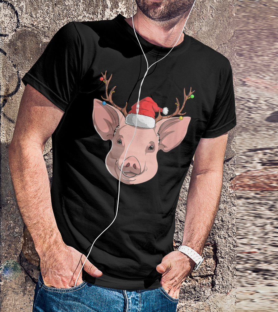 Pig With Santa Hat And Reindeer Antlers T-Shirt