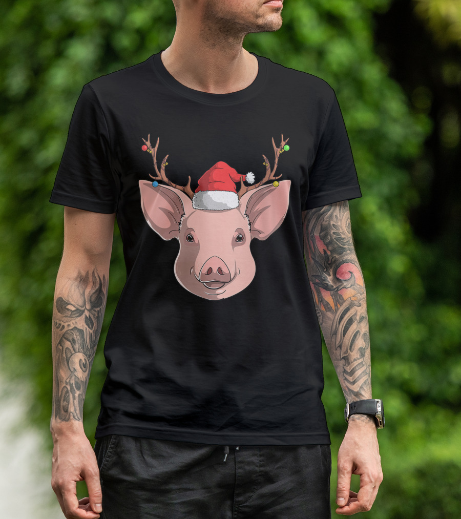 Pig With Santa Hat And Reindeer Antlers T-Shirt