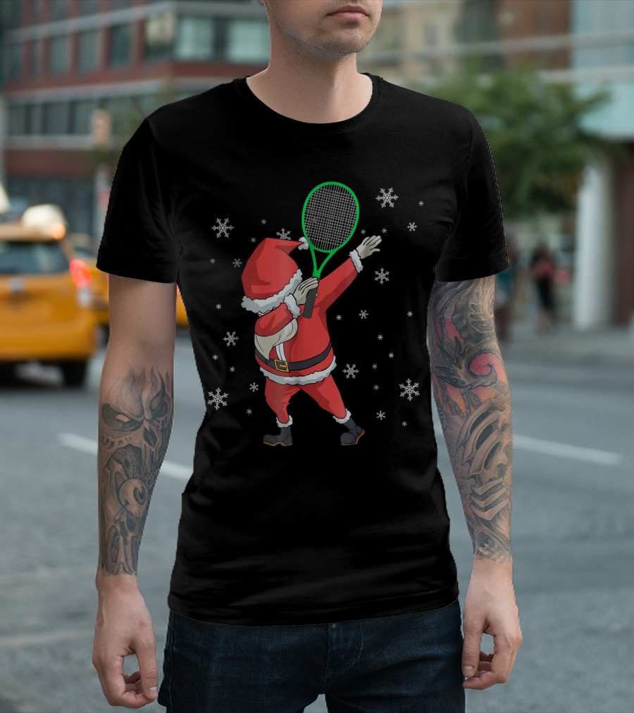 Dabbing Santa Claus with Tennis Racket and Snowflakes T-Shirt