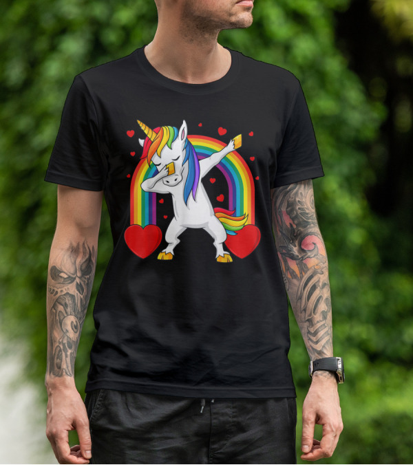 Dabbing Unicorn With Rainbow And Hearts T-Shirt