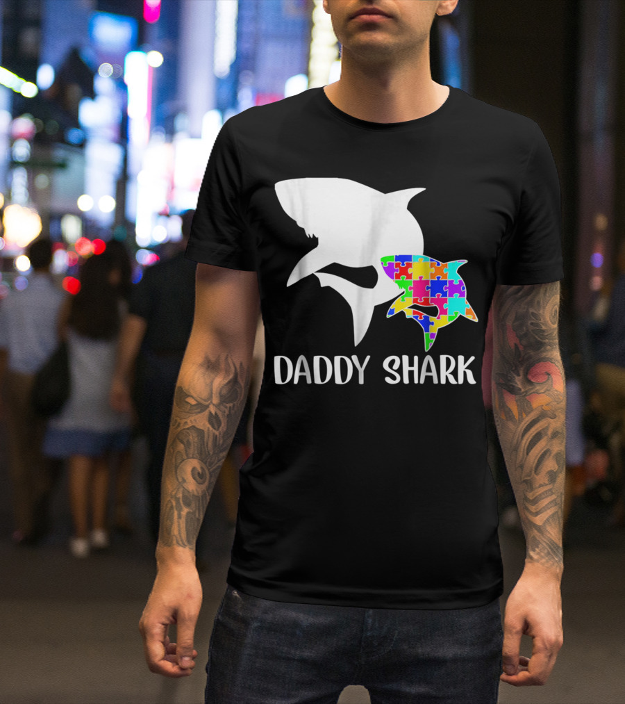 Daddy Shark Autism Awareness Puzzle Colorful T-Shirt