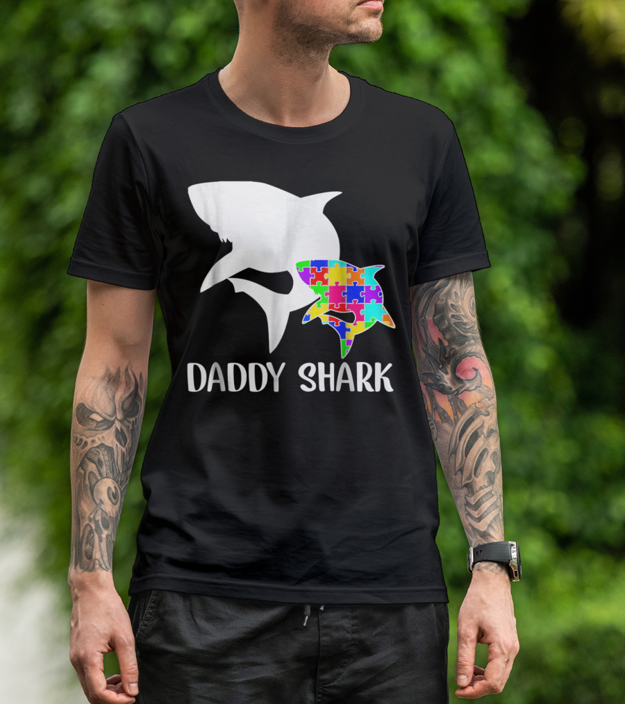 Daddy Shark Autism Awareness Puzzle Colorful T-Shirt