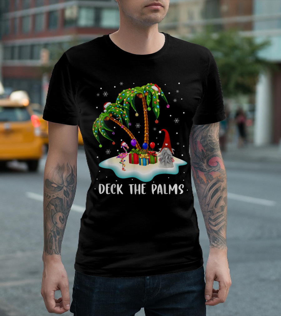 Deck The Palms Tropical Christmas Palm Tree With Santa Hat Flamingo And Gnome On Snowy Island T-Shirt