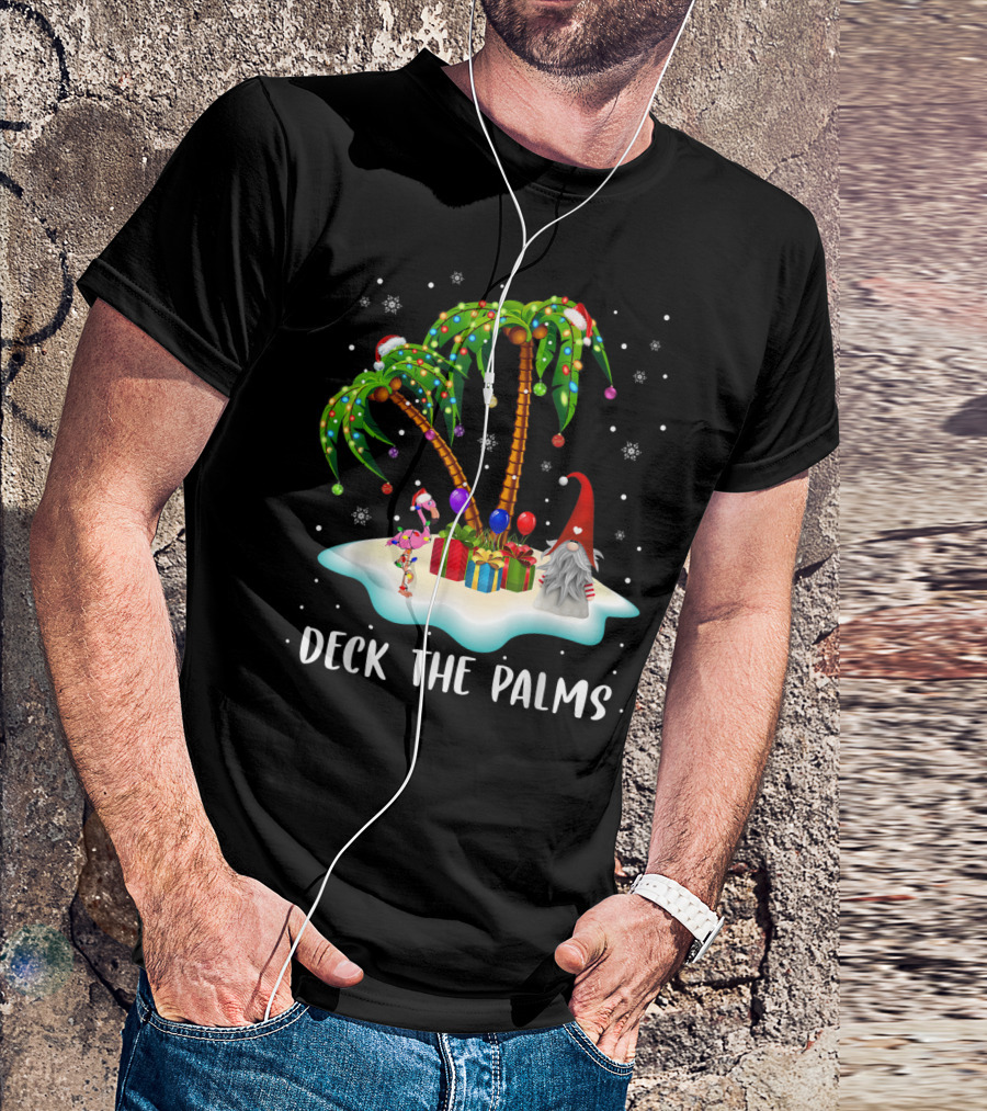 Deck The Palms Tropical Christmas Palm Tree With Santa Hat Flamingo And Gnome On Snowy Island T-Shirt