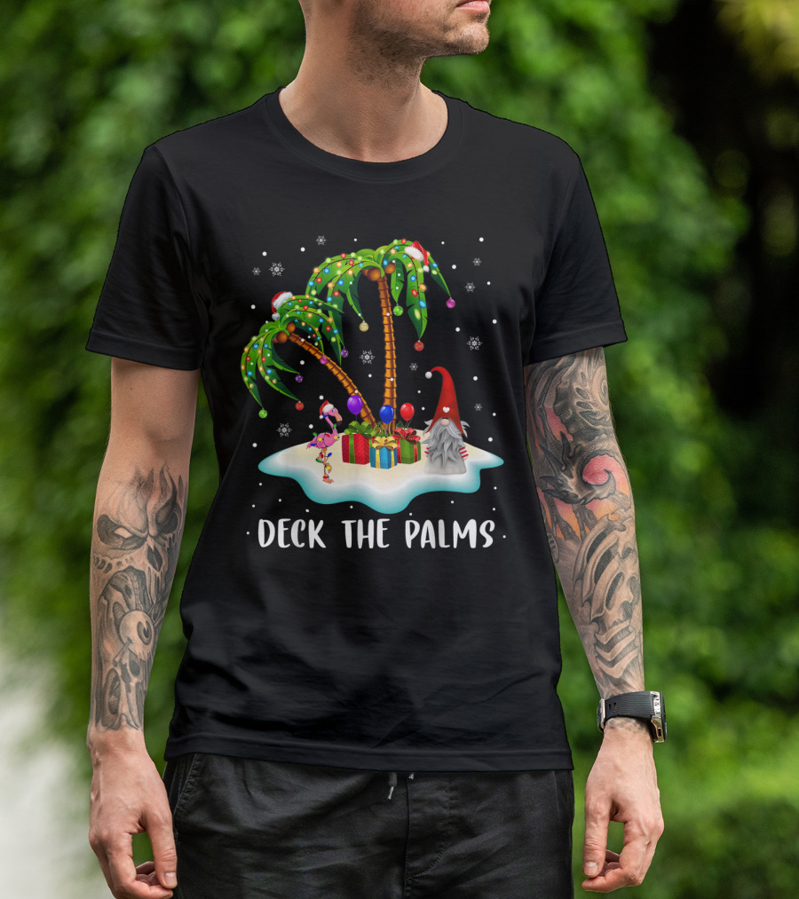 Deck The Palms Tropical Christmas Palm Tree With Santa Hat Flamingo And Gnome On Snowy Island T-Shirt