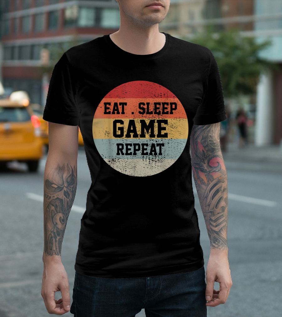 Eat Sleep Game Repeat Vintage Retro Stripes T-Shirt