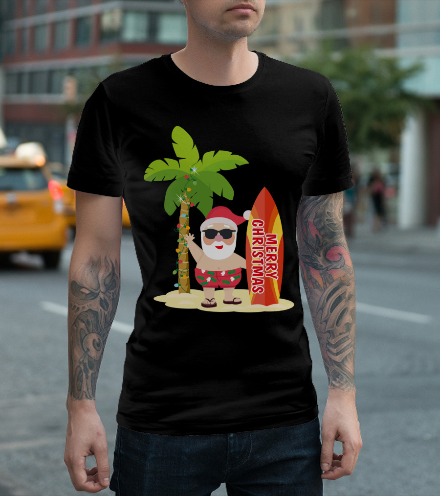 Merry Christmas Hawaiian Funny Ugly Cute Surfing Santa Holiday T-Shirt
