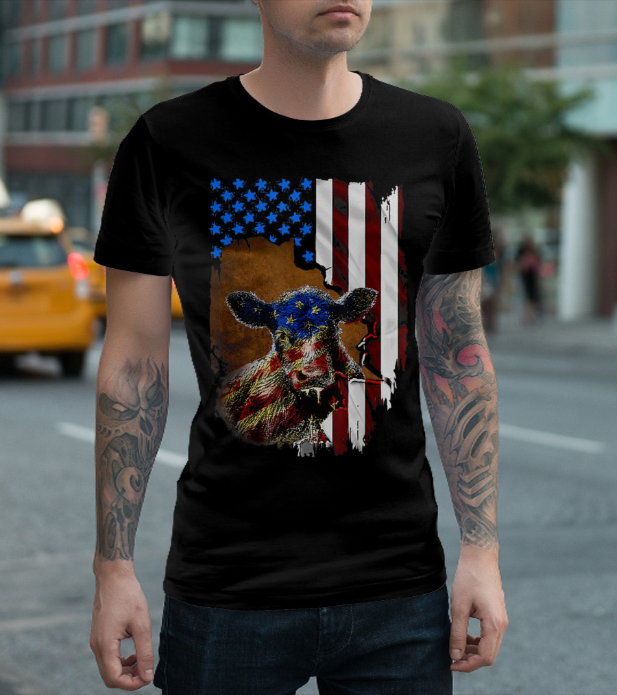 Heifer American Flag Farmer Cow Cattle July 4 T-Shirt