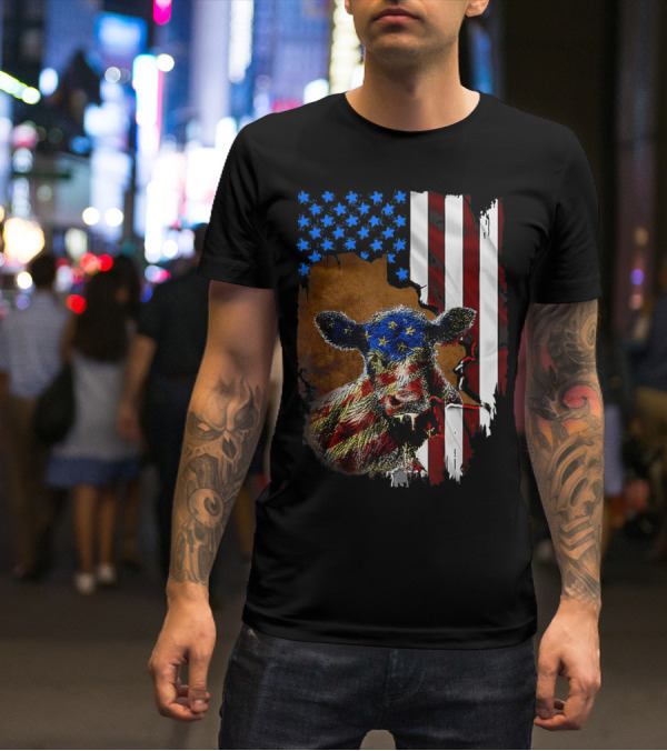 Heifer American Flag Farmer Cow Cattle July 4 T-Shirt