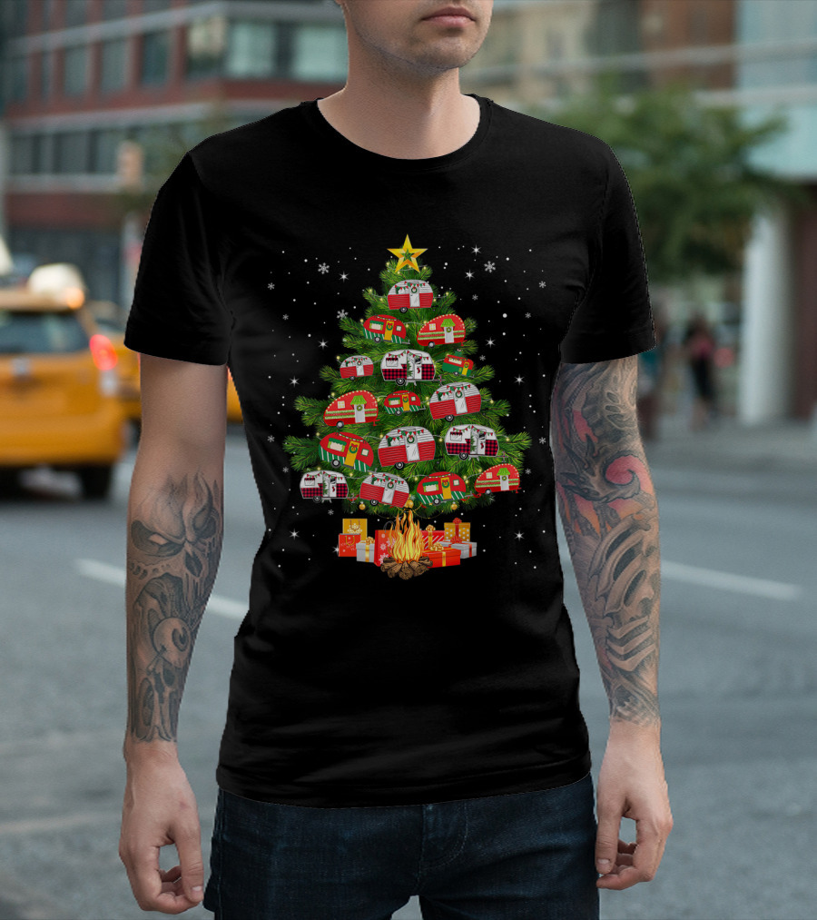 Camping Vehicle Christmas Tree Festive Campers With Star And Gifts T-Shirt