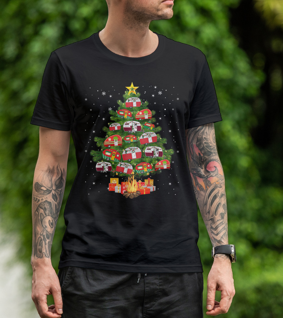 Camping Vehicle Christmas Tree Festive Campers With Star And Gifts T-Shirt