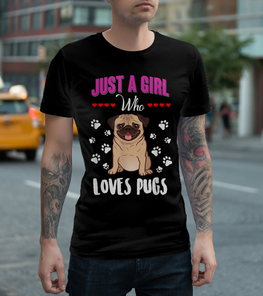 Just a Girl Who Loves Pugs with Paw Prints and Hearts T-Shirt