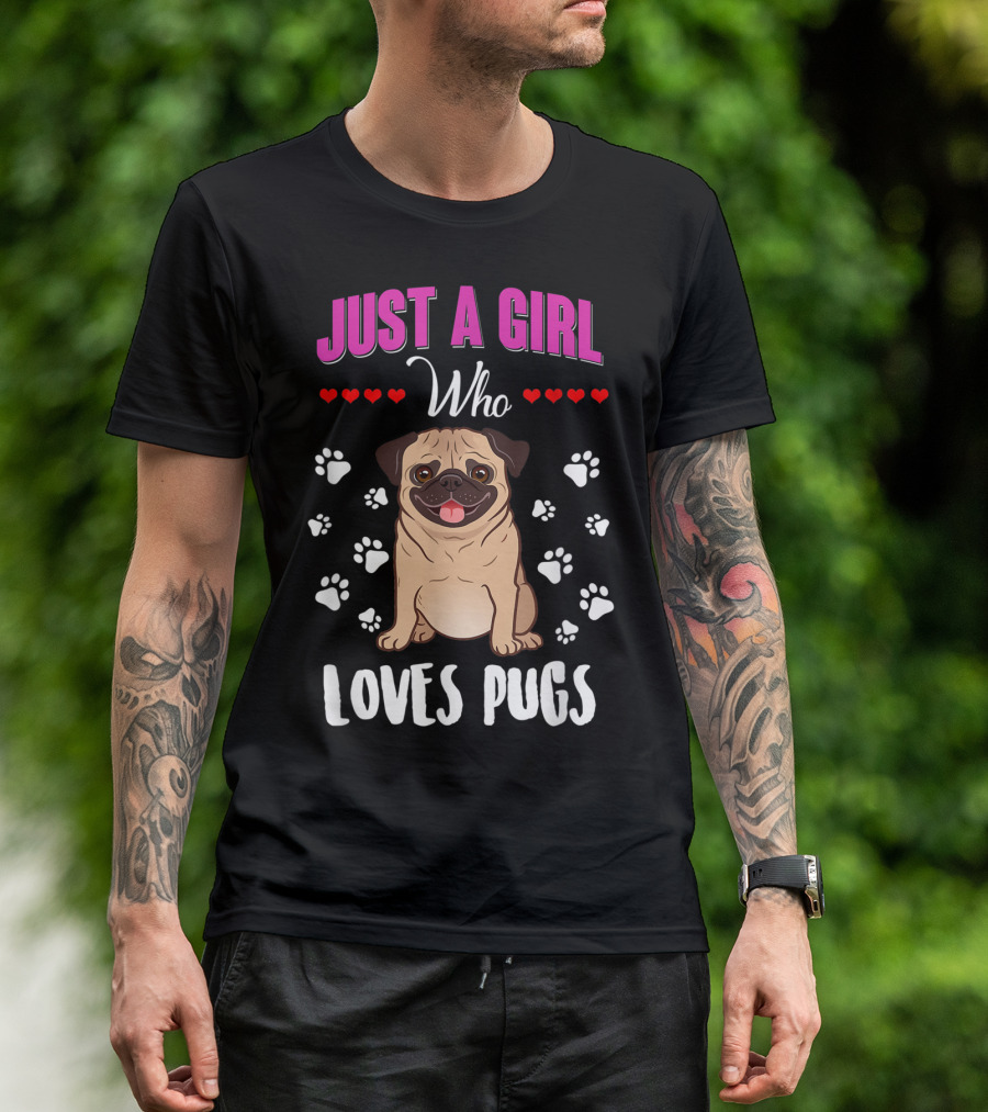 Just A Girl Who Loves Pugs With Paw Prints And Hearts T-Shirt