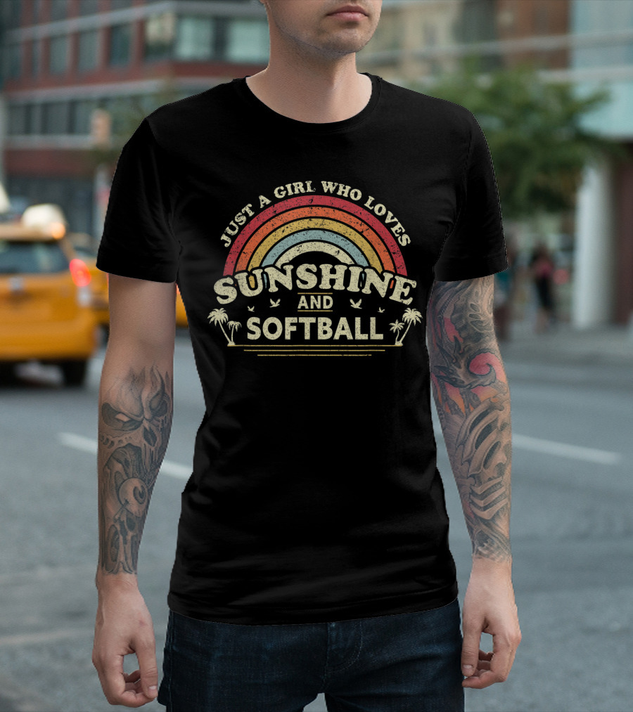 Just A Girl Who Loves Sunshine And Softball Vintage Rainbow Palm Trees T-Shirt