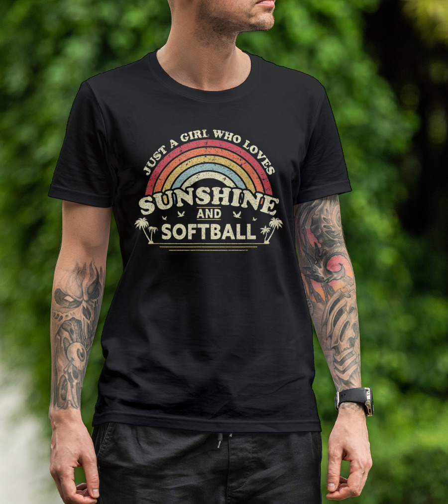 Just A Girl Who Loves Sunshine And Softball Vintage Rainbow Palm Trees T-Shirt