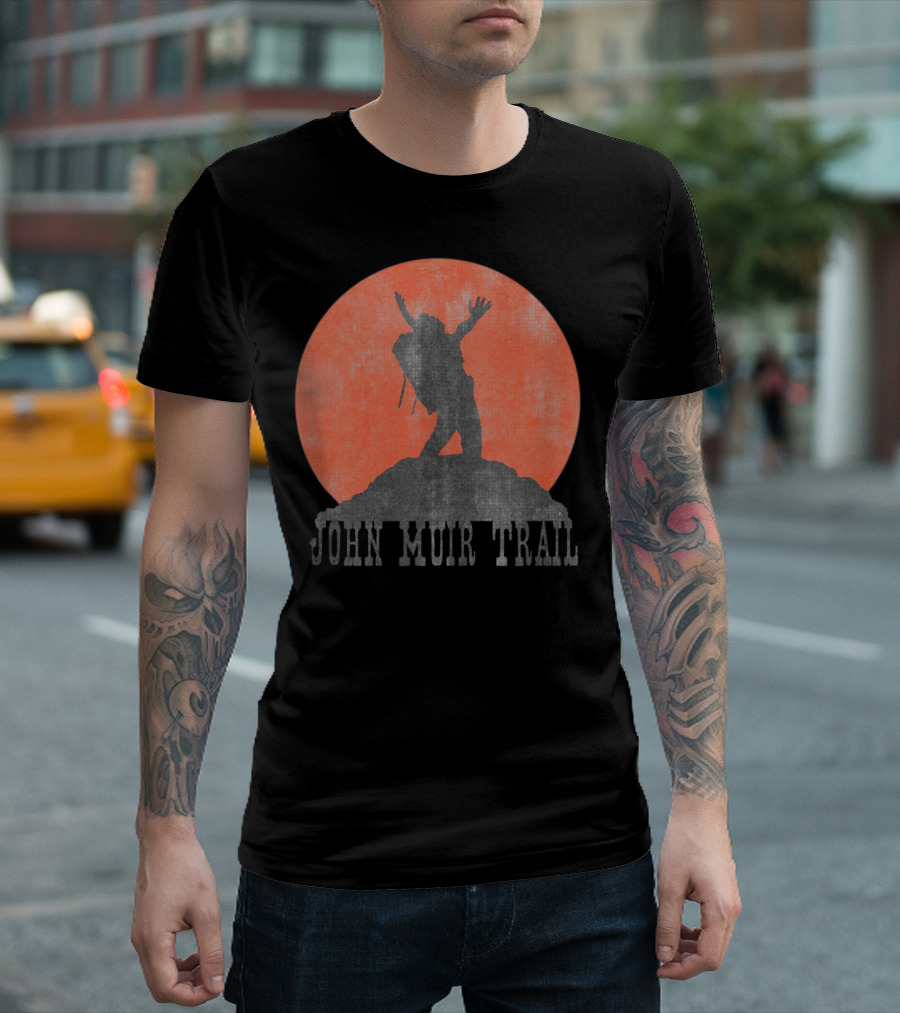 John Muir Trail Classic Hikers Silhouette with Backpack and Sunset T-Shirt