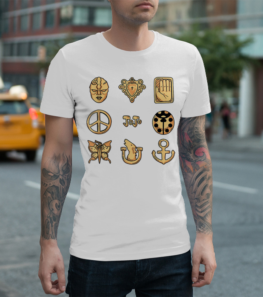 Jojos'ss Bizarres's Classics JoJo Mask Emblems Peace Hand Tarot Beetle Butterfly Anchor Symbols T-Shirt