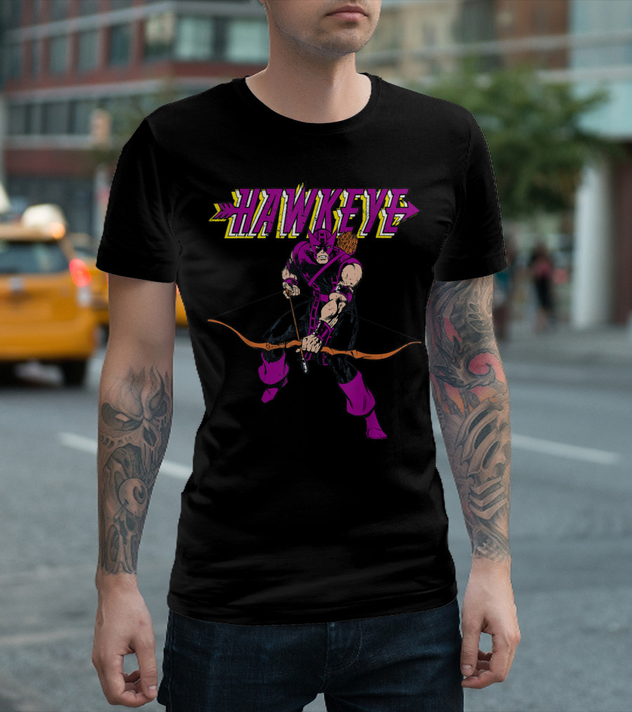 Marvel Hawkeye Classic Purple Pose Drawing Bow and Arrow T-Shirt